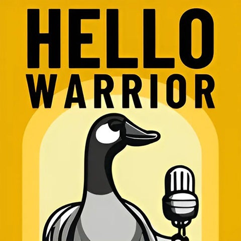 hello warrior podcast cover photo with a goose and microphone
