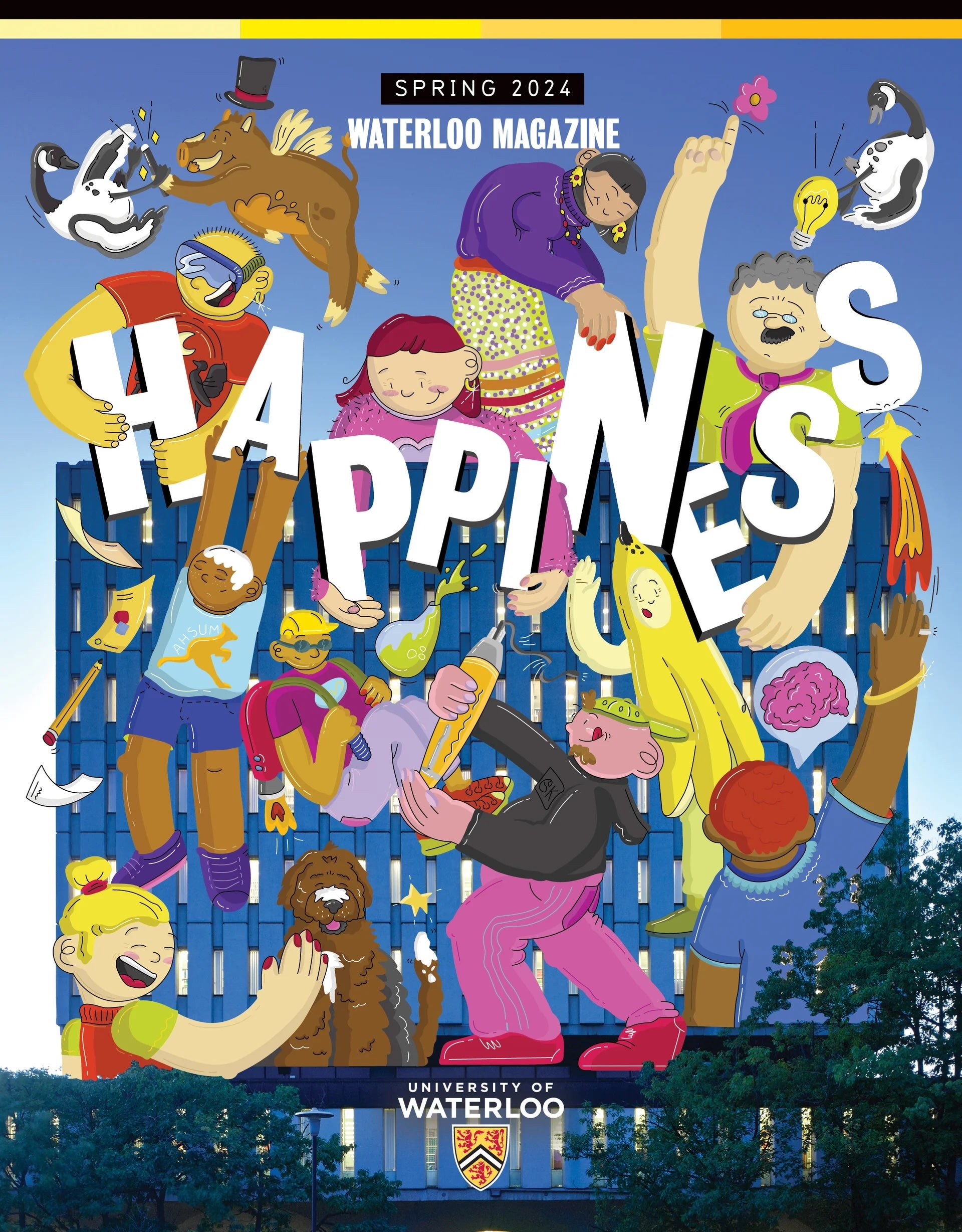 Happiness magazine cover with colourful illustrations