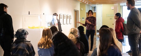 Mary Kavanagh, an artist exhibiting at the Grebel Gallery speaks to a group of university students about her work. 