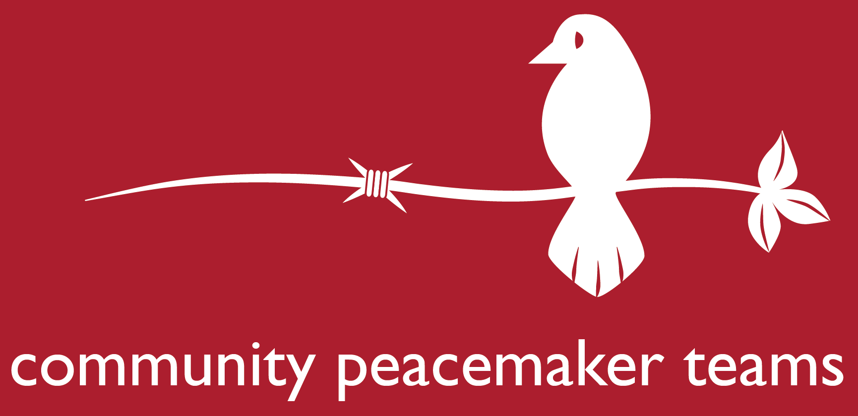 A white dove sitting on a barbed-wire fence with Community Peacemaker Teams written below
