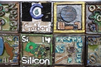 Close-up of handmade periodic table showing C, N, Si, and P.