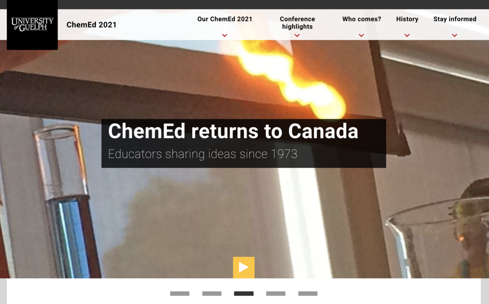 landing page with a fire ball in the background and a banner that states &quot;ChemEd returns to Canada&quot;