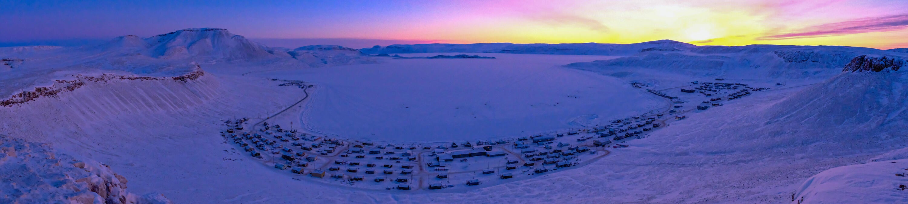 Arctic Bay (Ikpiariuk), taken on 29thJanuary 2022, at sunset, a week before the first true sunrise of the year.