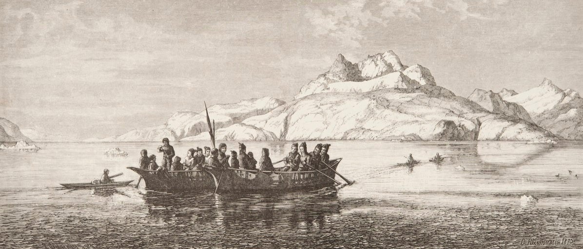 Transporting Inuit families along the Greenland coast in two umiak in 1875, accompanied by three kayak.