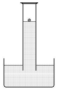 A graphic of a graduated cylinder shown ¾ full of water inverted into a basic of water. On the top of the water in the cylinder is a small sphere, representing a piece of sodium metal.
