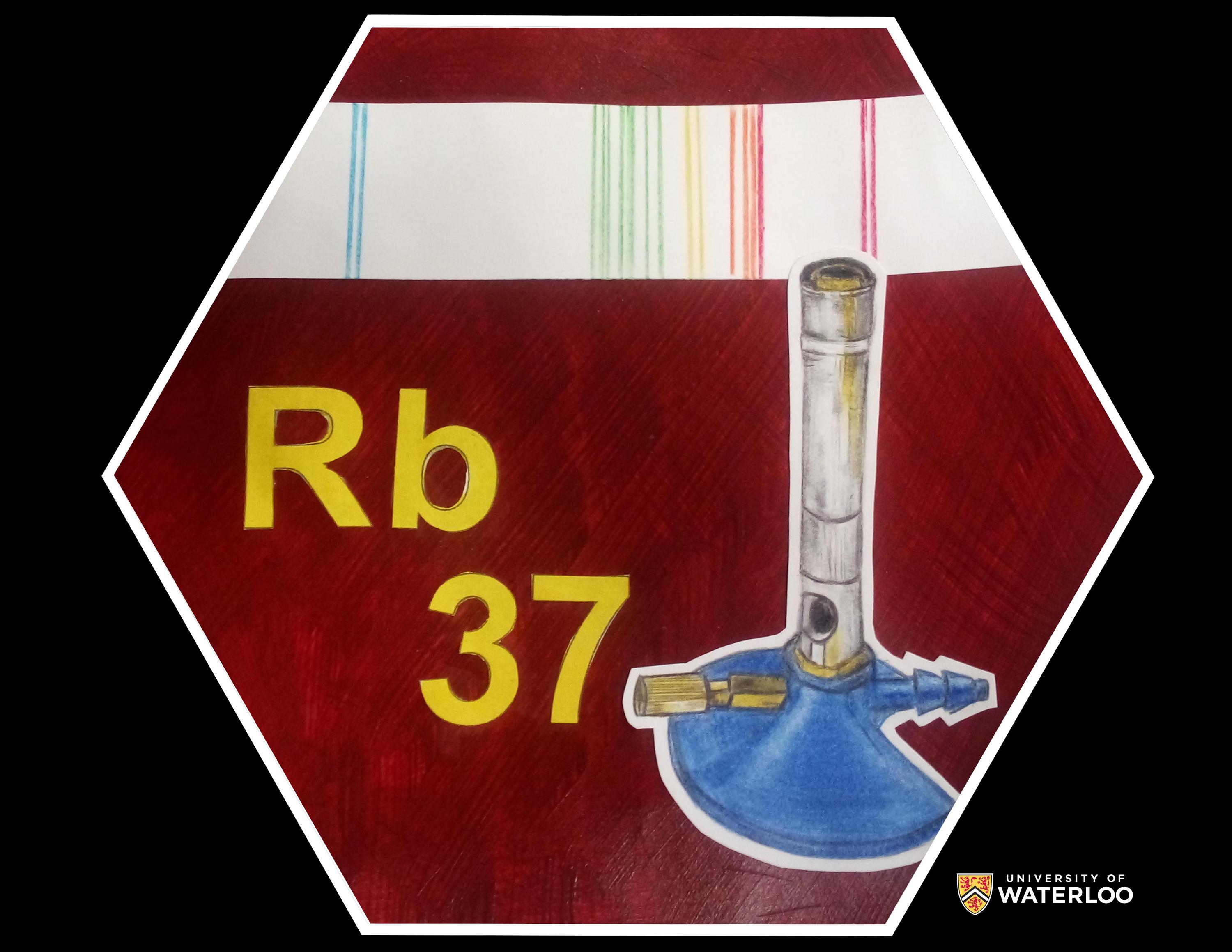 Mixed media (paint, pencil, and ink). Chemical symbol “Rb” and atomic number “37” are in yellow on a ruby red background. A spectrum with lines in blue, green, yellow, orange and red crosses the top of the tile. A large Bunsen burner is right.