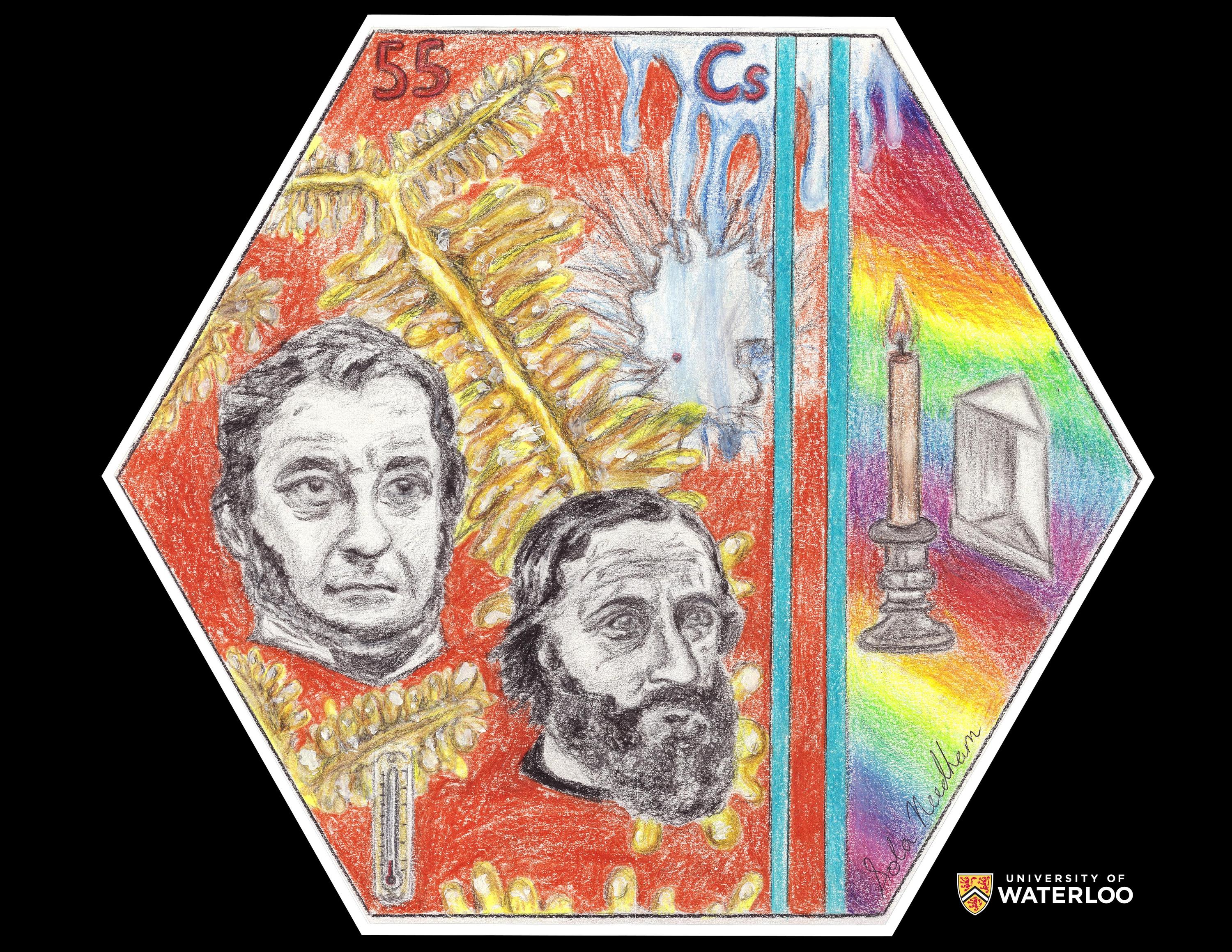 Coloured pencil on paper. Central are Robert Bunsen and Gustav Kirchhoff. Behind them is cesium in its semi-solid crystal form. Water drips from above and creates an explosion the shape of Germany with Heidelberg marked. Bottom left is a thermometer showing a low temperature. To the right are two blue vertical lines that bleed to an image of a rainbow spectrum, candle and prism. Above is the chemical symbol “Cs” and atomic number “55”.