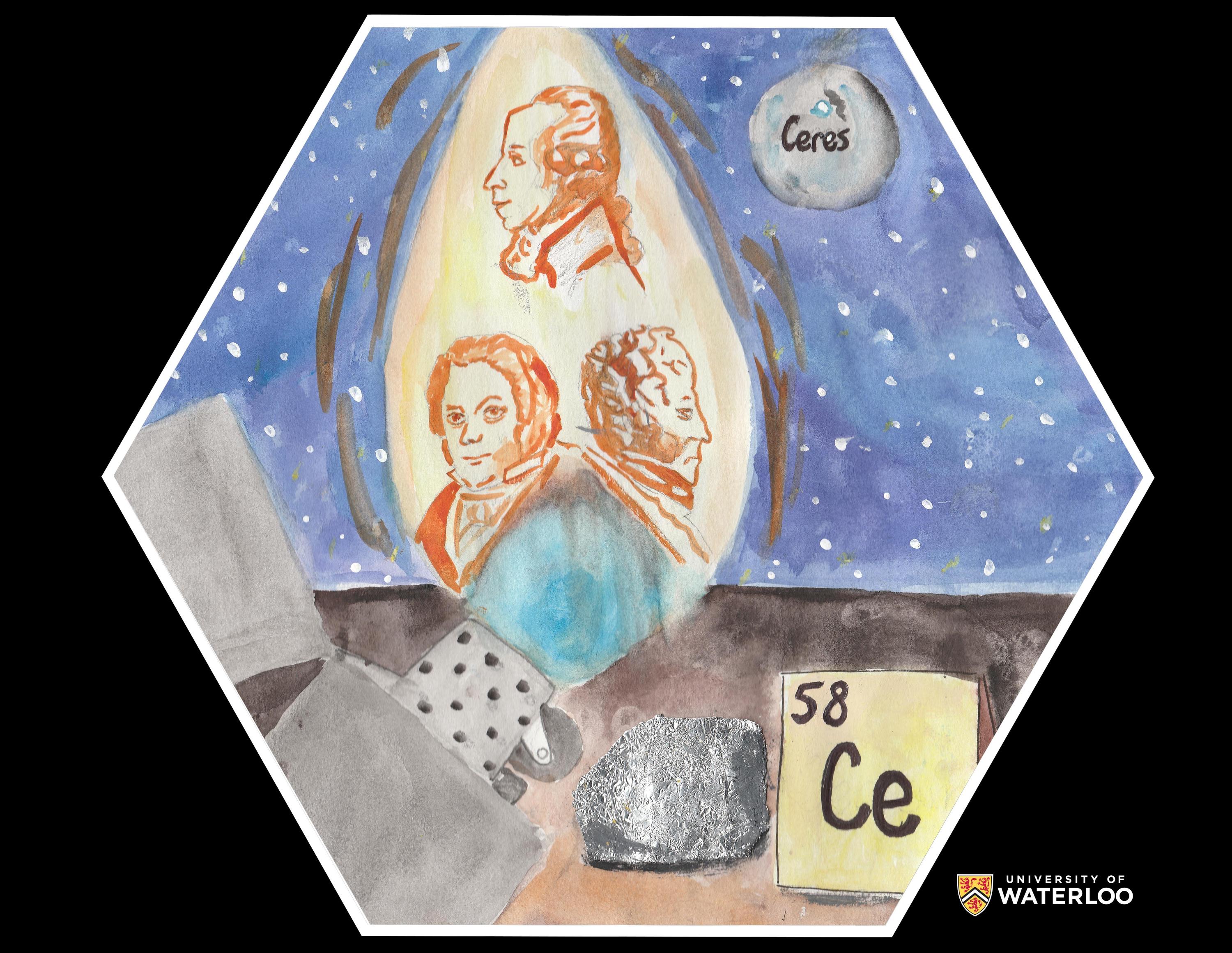  Martin Heinrich Klaproth (top), Jöns Jakob Berzelius and Wilhelm Hisinger (bottom) who discovered cerium within the flame of a lighter. Above the dwarf planet Ceres in the night sky is shown. Bottom shows the chemical symbol “Ce” and atomic number “58”. A piece of cerium metal appears on the ground.