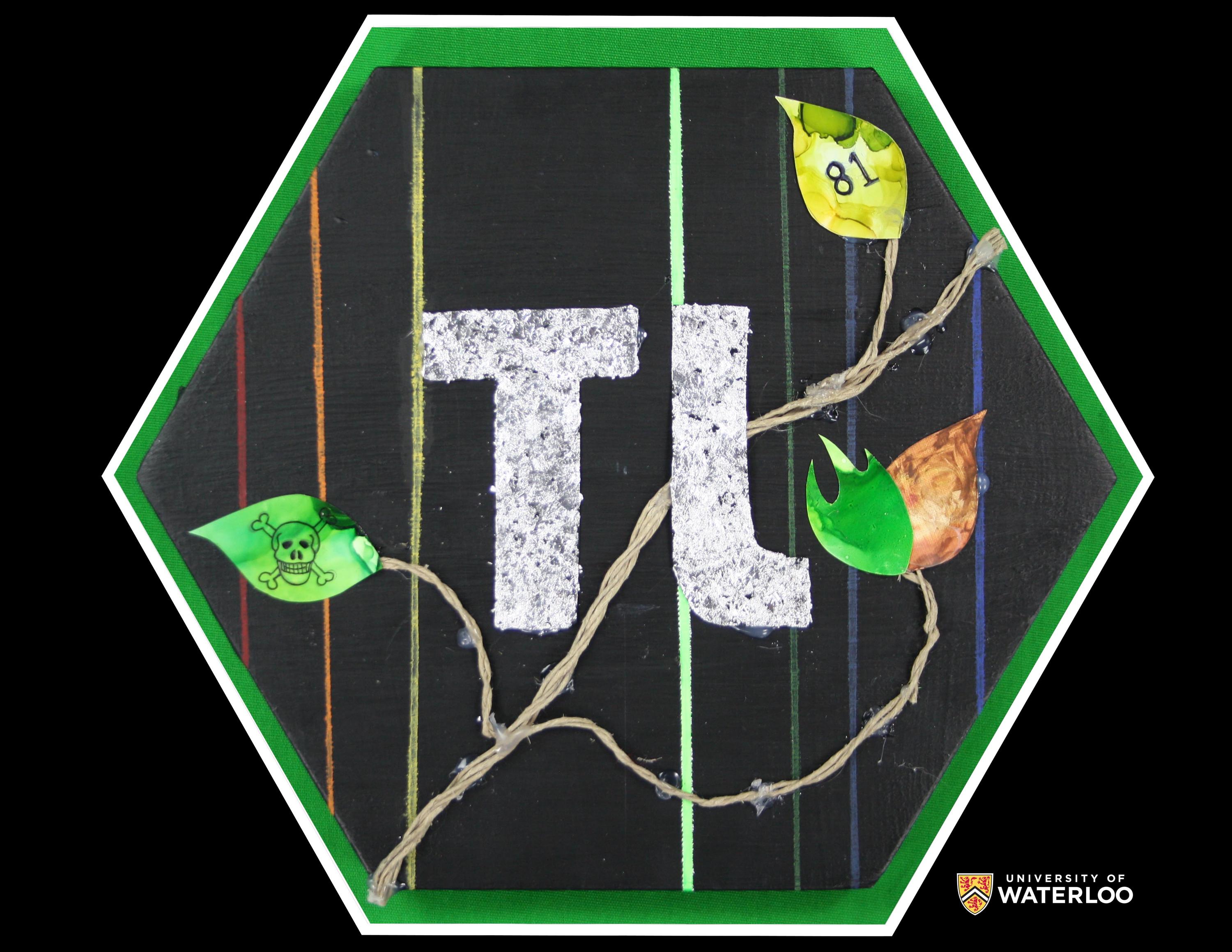 Collage of twine, foil, yarn, pipe cleaner on black paper. Chemical symbol “Tl” in aluminum foil centre with painted leaves surrounding. One leaf shows a skull and crossbones;another shows “81”. Background has string representing spectral emission lines.
