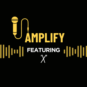 A yellow microphone plugged into the text "Amplify" with additional white text on a black background that reads "Featuring X"