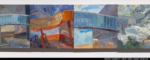 Detail of four small, colourful paintings and hung edge to edge in a line.  The paintings show views of a pedestrian overpass between building.