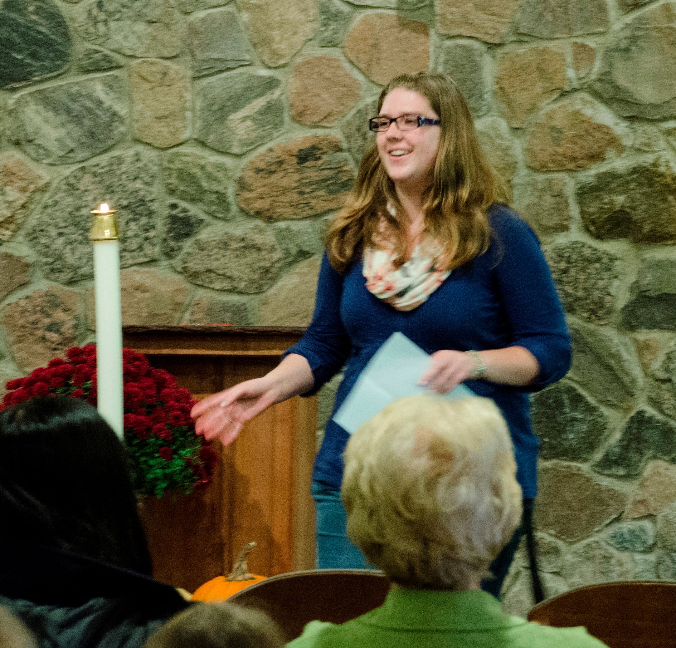 Female student speaking at the Grebel Chapel