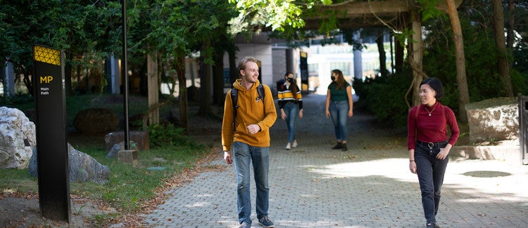 Students walking on the campus main path.
