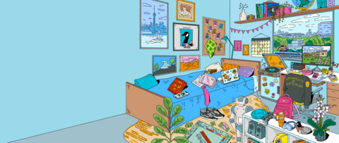 Digital illustration of a blue dorm room with student items scattered around the room hiding at the University of Waterloo