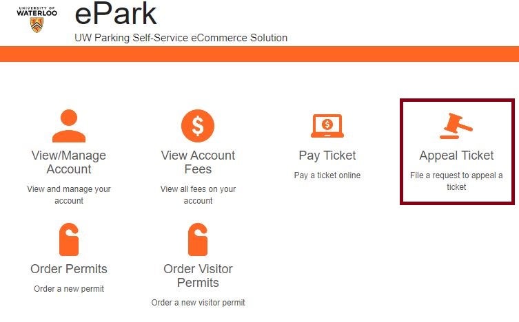 ePark dashboard image highlighting appeal ticket widget