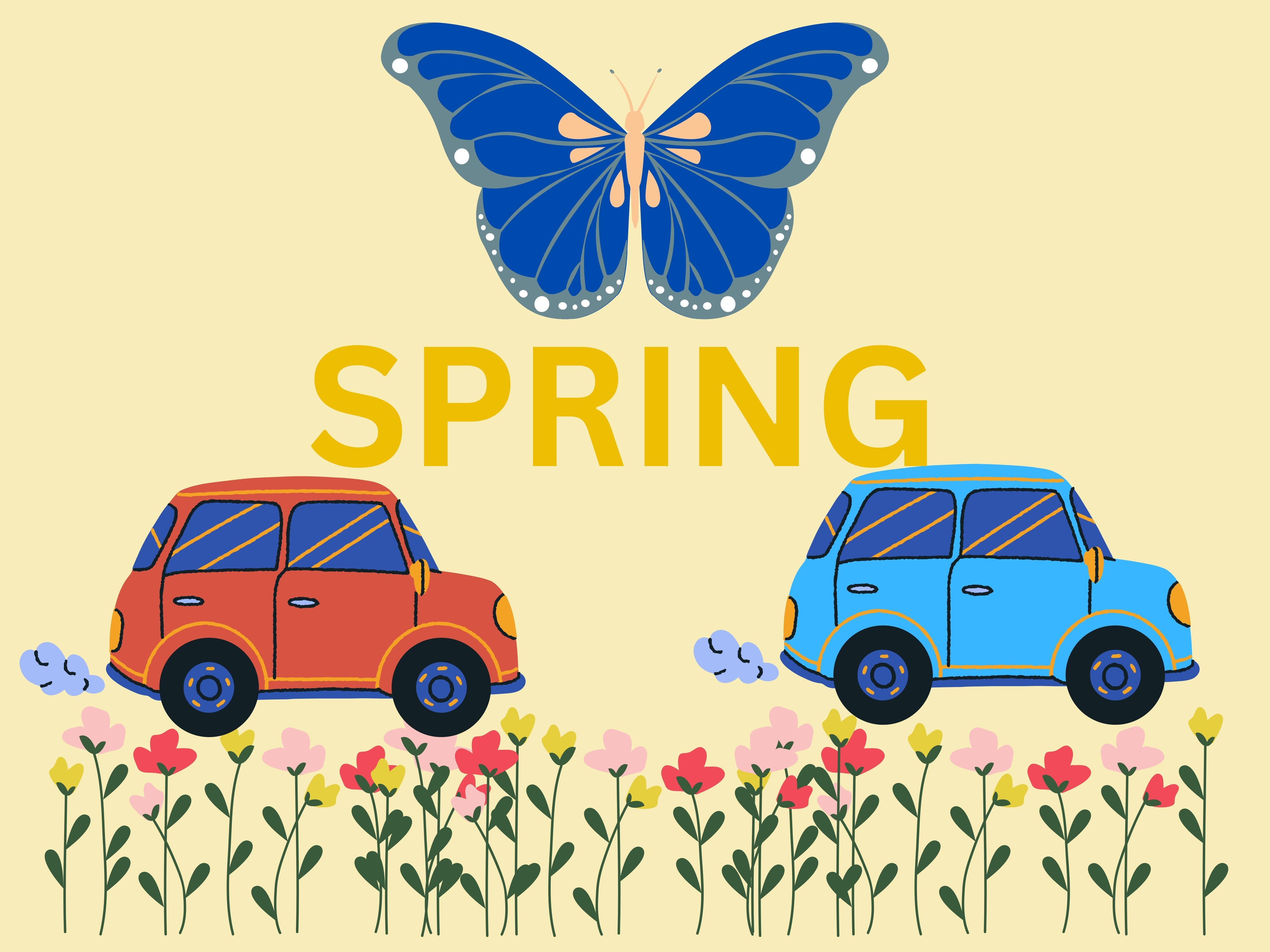 Ble butter fly over the word Spring, a red and blue car under the word spring over pink,yellow and red flowers
