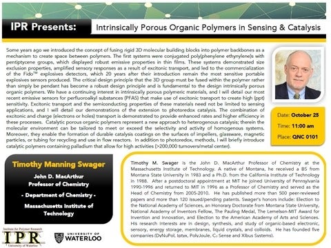 Poster for IPR Distinguished lecture featuring professor Timothy Swager