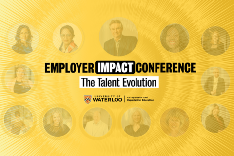 Yellow background with headshots of speakers at the Employer Impact Conference.