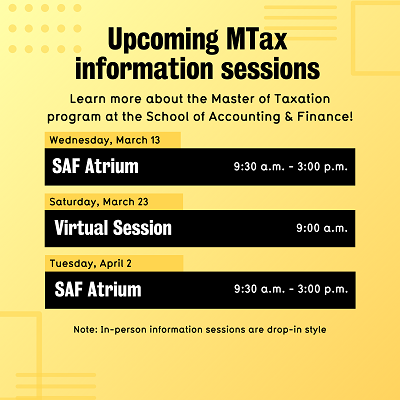 Graphic outlining the MTax info session dates and times