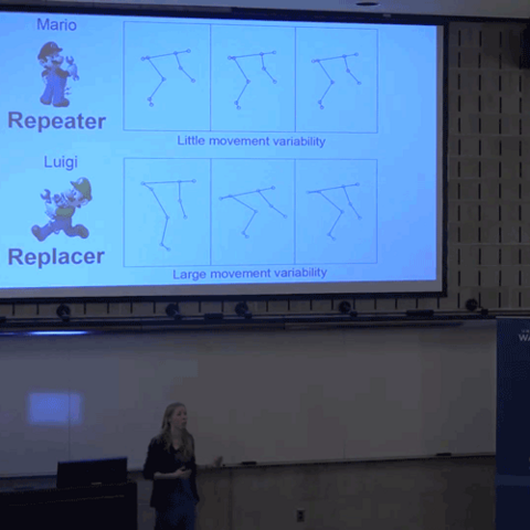 Nathalie Oomen presenting the repeater/replacer hypothesis with a slide behind her