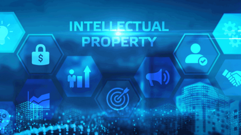 Various blue icons surrounding intellectual property words