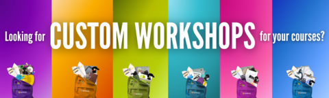 White text on a multicoloured background says Looking for custom workshops for your courses?